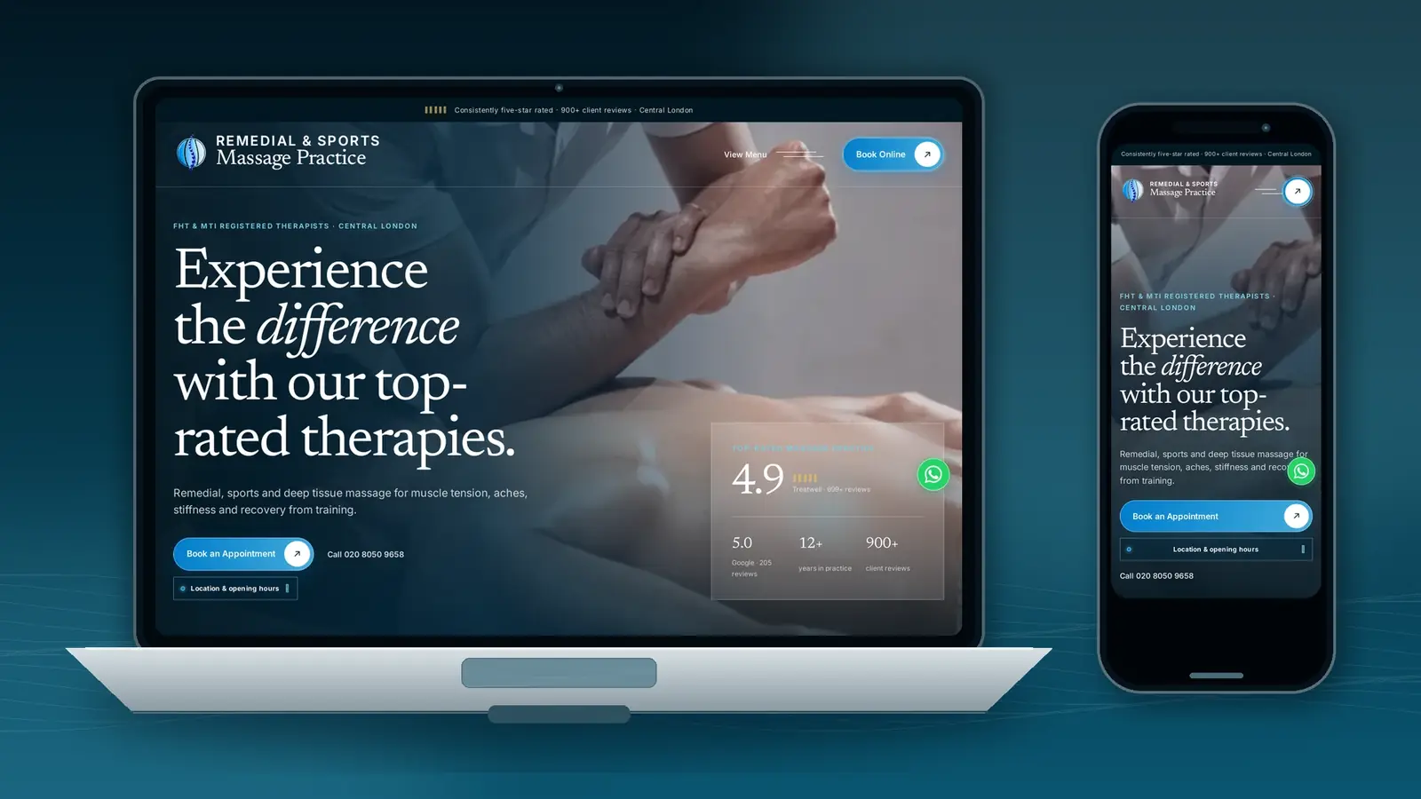 The Massage Practice homepage shown on a laptop and a phone